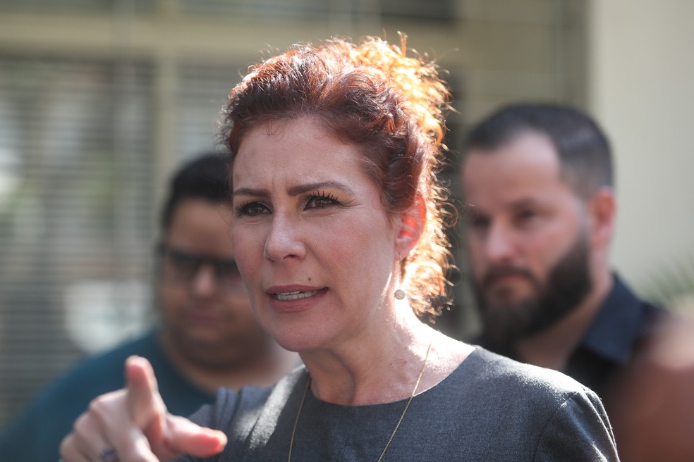 Foto de archivo del 15 de mayo de 2025 de la diputada federal Carla Zambelli (PL-SP) durante una conferencia de prensa en la sede de su partido en el barrio de Moema, al sur de São Paulo. — Foto: Felipe Rau/Estadão Conteúdo